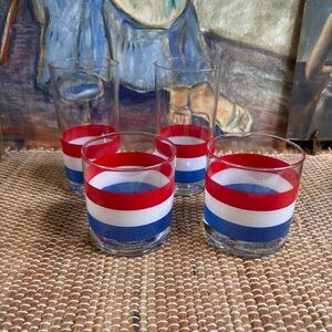 Four Vintage Georges Briard Red, White & Blue Striped Highball & Lowball Glasses